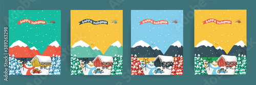 Set of Happy winter holidays cards with wooden scandinavian house with light inside, christmas trees, bike, snow and helicopter, blue, yellow, pink, green colors