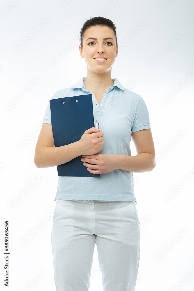 positive brunette doctor in white wearing with diary positive brunette doctor in white wearing with diary