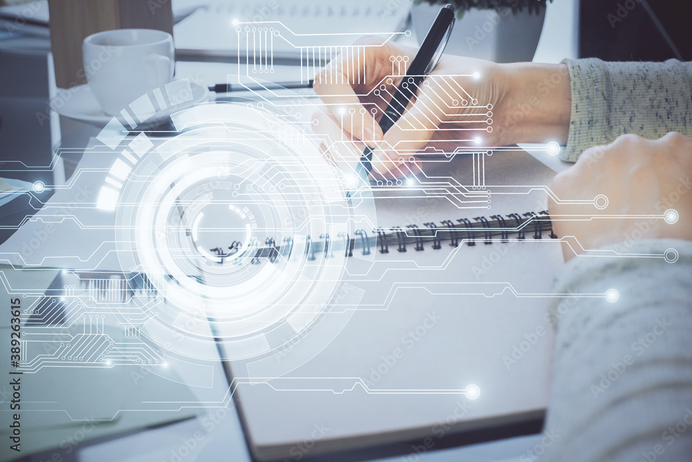 Double exposure of writing hand on background with data solution technology hologram. Ai concept. Double exposure of writing hand on background with data solution technology hologram. Ai concept.