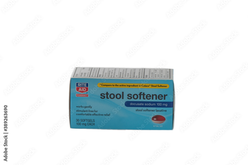 Davis, CA, 29 July, 2020.. Box of Rite Aid Stool softener isolated