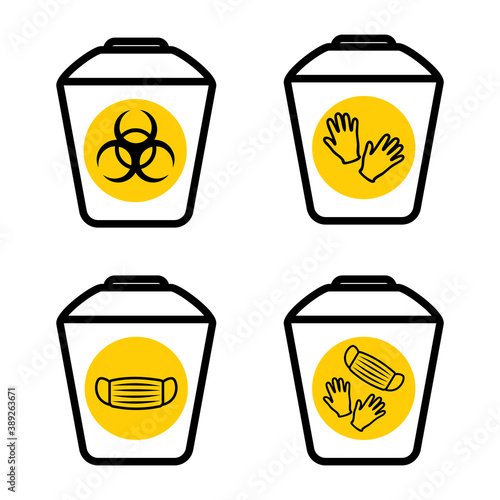 Medical mask utilization. Biohazard waste disposal. Biohazard infectious waste. Garbage sorting vector icon. Trash can with Biohazard medical gloves and mask symbol. Covid waste. Vector