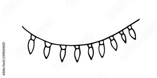 Doodle Christmas garland illustration. Hand drawn illumination isolated on white background. For holiday decor, greeting cards, prints.