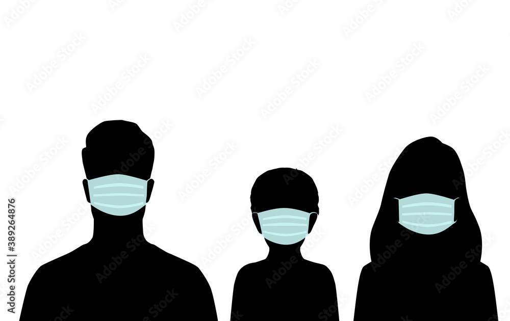 Vector silhouettes of man, woman and child head full-face avatar in medical mask, family, protection from coronavirus, black color isolated on white background Vector silhouettes of man, woman and child head full-face avatar in medical mask, family, protection from coronavirus, black color isolated on white background