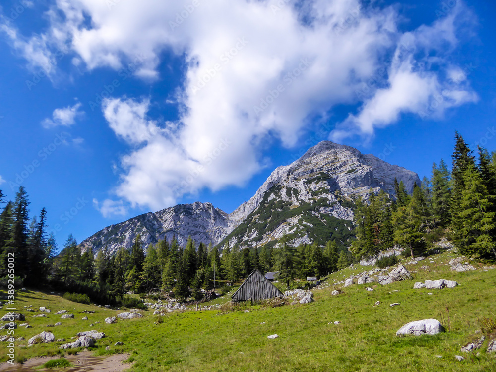 A panoramic view on a massive mountains in Hochtor region, Austrian Alps. There is a small cottage in the middle of lush green meadow and thick and dense forest in the back. Exploring the nature