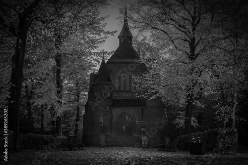 cemetery chapel at Night, chapel, trees, Sepia Photo, Black and White, spooky Chapel on a Cemetry at night, autumn time, dark photo