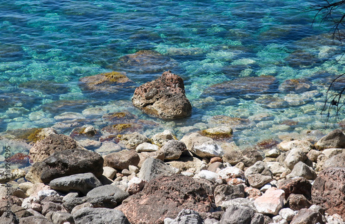 Rocks and stones in crystal clear turquoise water in Mallorca, Balearic Islands, Spain