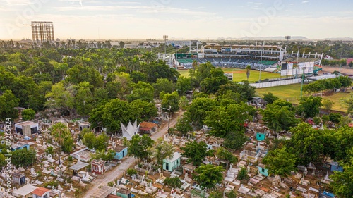 Photography Aerial view of the cemetery and stadium Emilio Ibarra Almada home of the profess