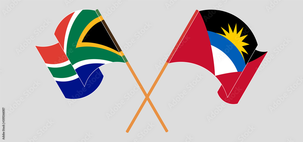 Crossed and waving flags of Antigua and Barbuda and Republic of South Africa Crossed and waving flags of Antigua and Barbuda and Republic of South Africa
