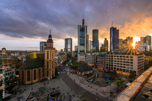 Frankfurt prospects. Great view over the city of Frankfurt in Germany. In the evening with backlight and sunset. beautiful sky of all colors. Hauptwache, römer, main photo