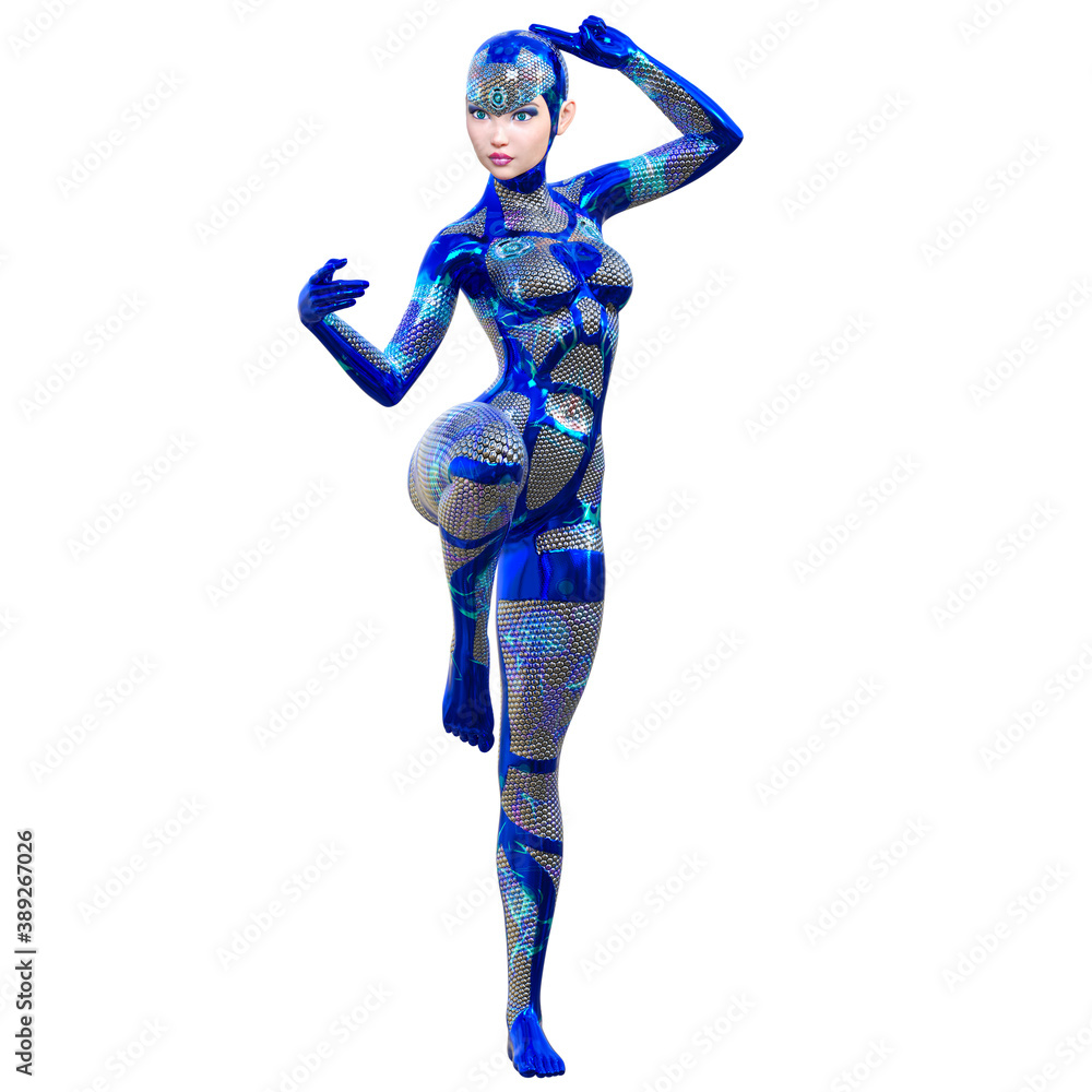 Cyborg Woman futuristic metallic neon suit. Cyborg Woman futuristic metallic neon suit.
