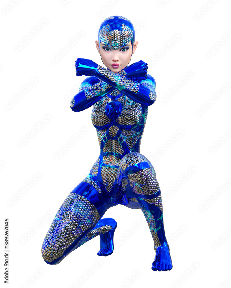 Cyborg Woman futuristic metallic neon suit. Cyborg Woman futuristic metallic neon suit.