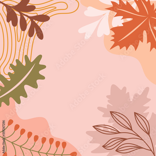 Set of abstract background with autumn elements, shapes and plants in one line style. Background for posters, banners, cards. Vector illustration