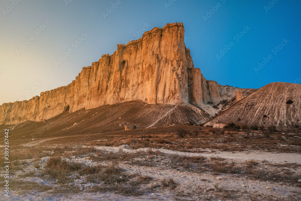 Panoramic view of the famous White rock in Crimea in sunset, beautiful landscape for postcards