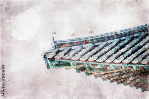 korean temple roof with birds and big moon in watercolors photo
