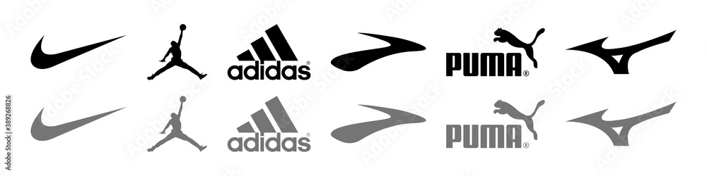 Nike, Jordan, Adidas, Brooks, Puma, Mizuno - logos of sports equipment and sportswear company. Kyiv, Ukraine - October 2020 vector de Stock | Stock