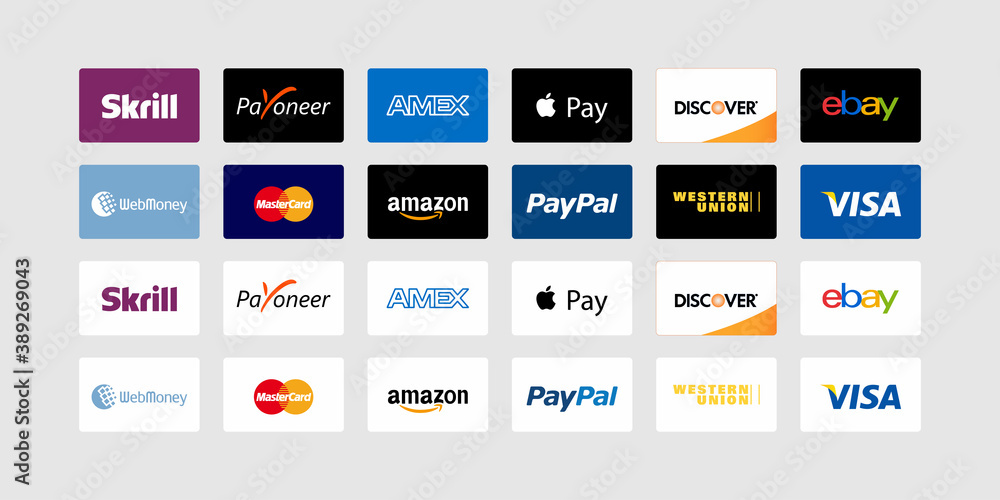 Skrill, Payoneer, PayPal, Mastercard, Visa, Amazon, Discover, WU, Webmoney  - popular payment systems. Popular online shopping logos. App pay icon.  Apple Store button. Kyiv, Ukraine - October 31, 2020 Stock Vector | Adobe  Stock