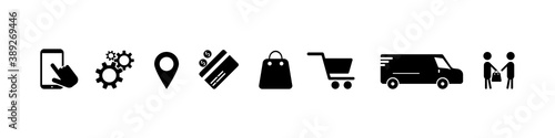 Online shopping and delivery. Simple black color symbols. Vector illustration. EPS 10