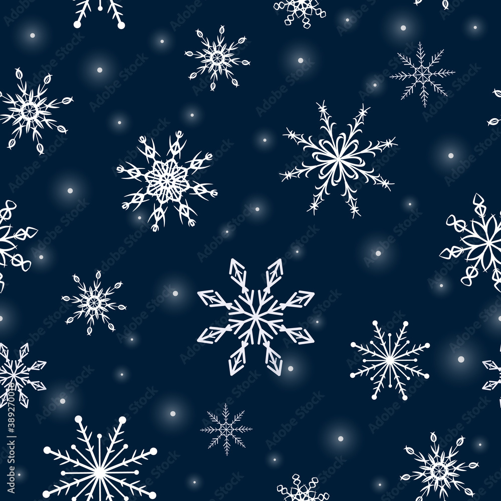 Snowflakes. Seamless pattern. Snow, snowfall, falling scattered white snowflakes. Background design for fabric, wallpaper, cover, paper for packaging. Vector