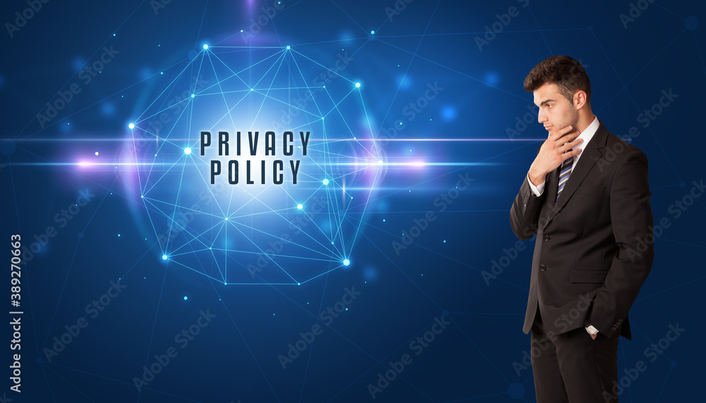 Businessman thinking about security solutions with PRIVACY POLICY inscription Businessman thinking about security solutions with PRIVACY POLICY inscription