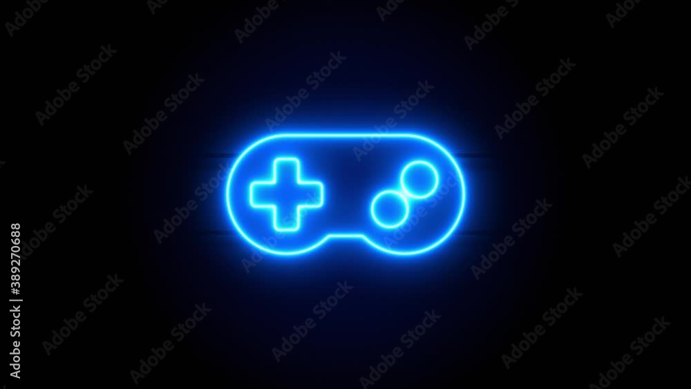 Gamepad neon sign appear in center and disappear after some time. Animated blue neon symbol on black background. Looped animation. Gamepad neon sign appear in center and disappear after some time. Animated blue neon symbol on black background. Looped animation.