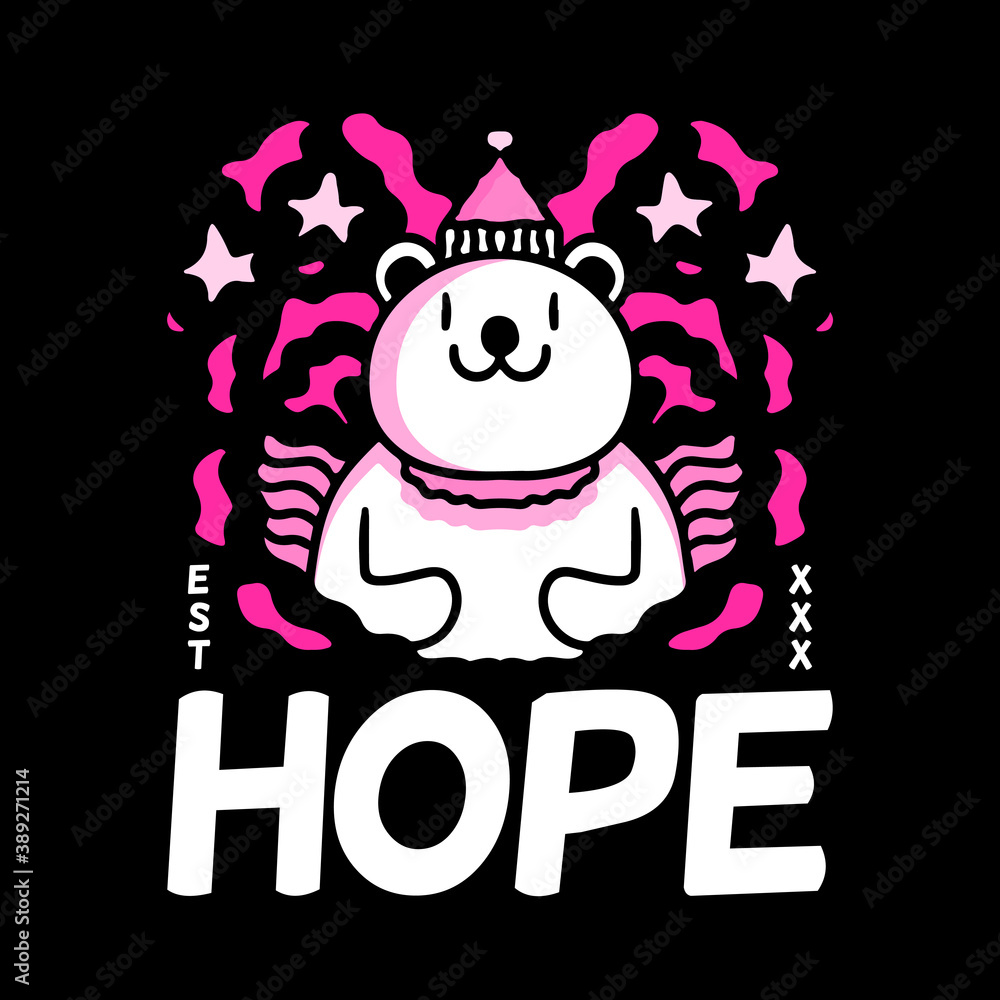 Cute polar bear character wearing Santa hat with hope typography. Hand drawn holiday illustration in cartoon, doodle style for New Year and Christmas Cute polar bear character wearing Santa hat with hope typography. Hand drawn holiday illustration in cartoon, doodle style for New Year and Christmas