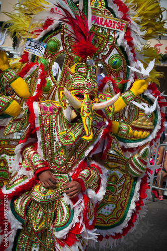 Dramatic costume of parade reveler depicting elephants