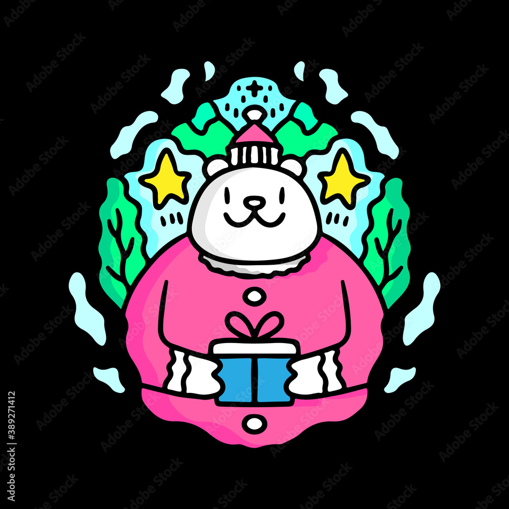 Cute bear character holding gift boxes, with wearing Santa costume. Hand drawn holiday illustration in cartoon, doodle style for New Year and Christmas Cute bear character holding gift boxes, with wearing Santa costume. Hand drawn holiday illustration in cartoon, doodle style for New Year and Christmas
