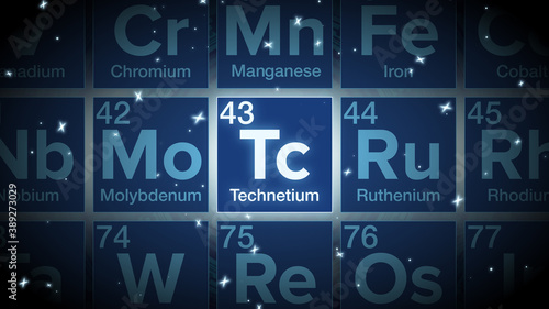 Close up of the Technetium symbol in the periodic table, tech space environment.