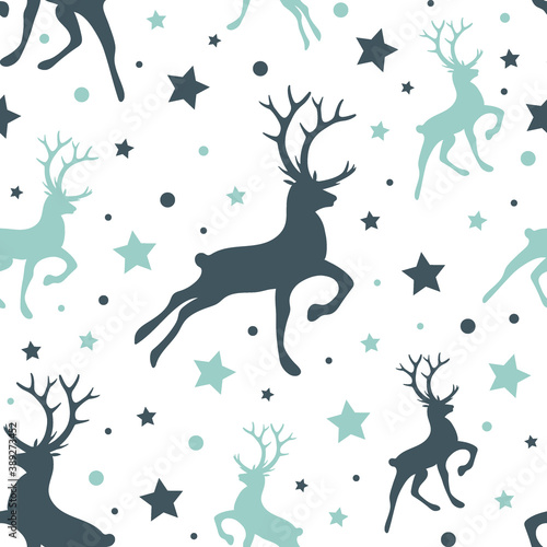 Christmas pattern with reindeers and stars. Vector