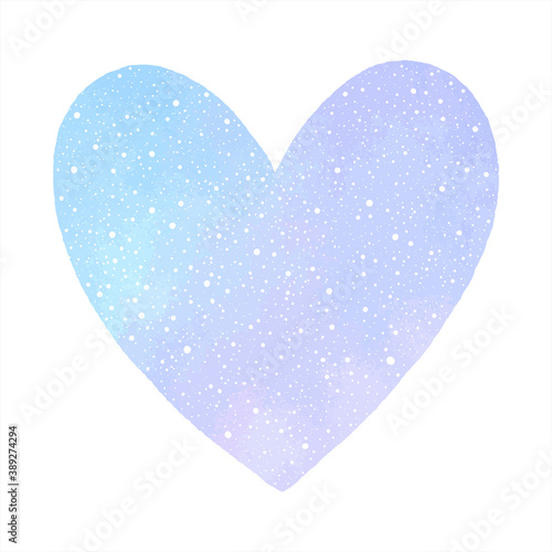 Winter, New Year watercolor background with hand drawn falling snow splash, spray texture. Heart shape gradient blue watercolour texture, text frame, background. Valentine's day graphic design element