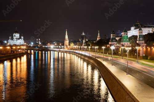 Night Moscow center with illumination. View of towers of the Moscow Kremlin and Christ the Saviour Cathedral.