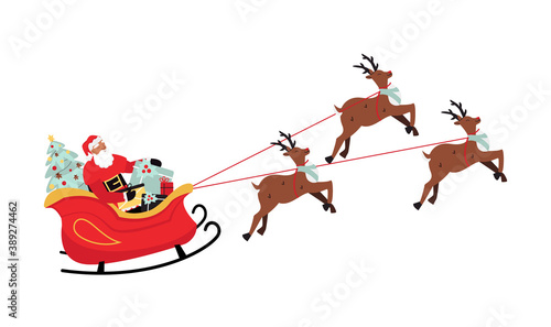Santa Claus with gifts on sleigh with reindeer. Christmas winter illustration. Vector illustration