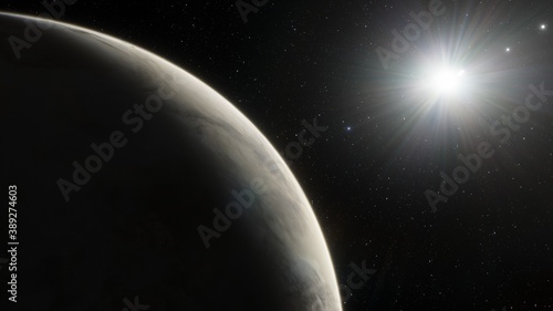 super-earth planet, realistic exoplanet, planet suitable for colonization, earth-like planet in far space, planets background 3d render