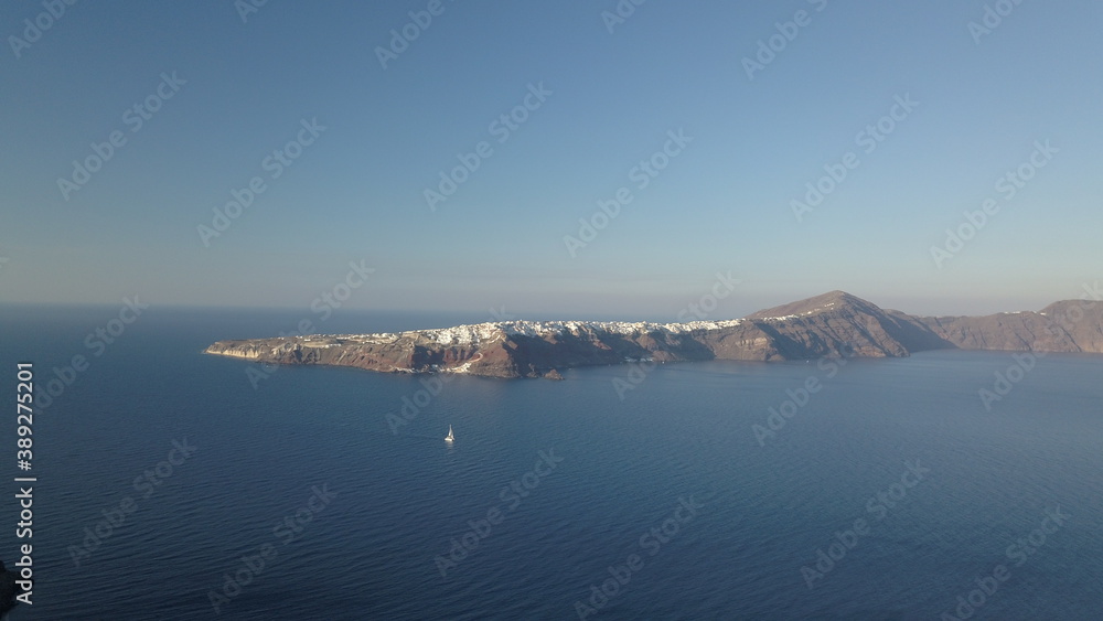 Aerial drone sea water, island Cyclades, Santorini Greece