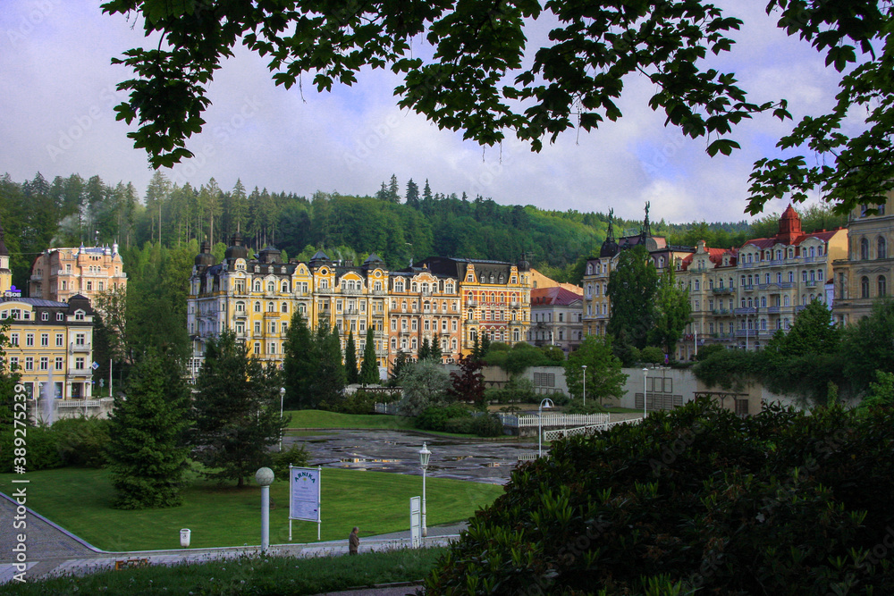 City landscape with old buildings and street lights