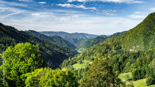Slovenia beautiful landscape with mountains, forests, and blue sky
