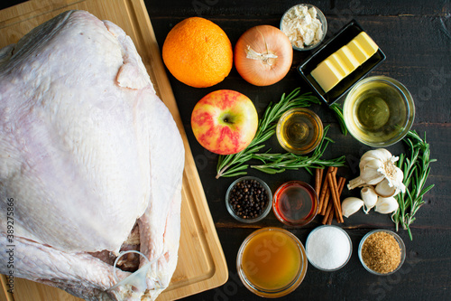 Maple Cider Bourbon Brined Turkey with Bourbon Gravy Ingredients: Raw turkey and the ingredients used to make a brine and gravy with it