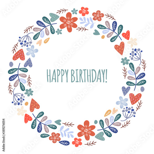 Abstract floral ornament in the shape of a circle. Floral wreath, floral frame with text "Happy Birthday"