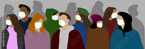 Covid-19 ,coronavirus pandemic.Group of people in white medical face masks .Concept of coronavirus quarantine and world pandemic illustration. Prevent disease.Vector illustration in a flat style
