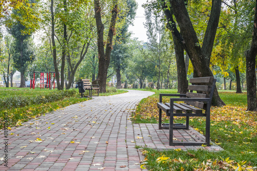 Early autumn park. Autumn park with cleaned leaves in flower beds. Path and benches to the autumn park © decorator
