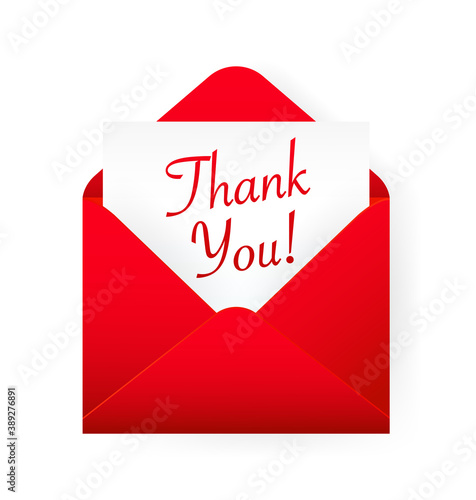 Flat red thank you envelope for decoration design. Vintage banner for celebration design. Red thank you card on white background.