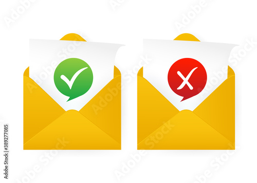 Check mark in envelope. Approved and rejected. Yellow template on white background. Vector illustration.