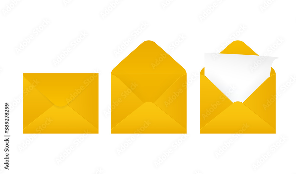 Flat business card with yellow envelope closed on white background for paper design. Blank business card. White background, isolated. Flat business card with yellow envelope closed on white background for paper design. Blank business card. White background, isolated.