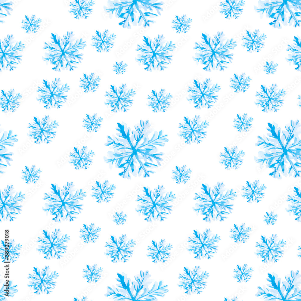 Christmas background with a blue delicate snowflake on a white background. Seamless pattern for textiles, Wallpaper, and holiday packaging.
