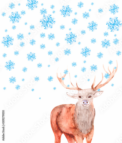 Watercolor drawing of a beautiful deer with large branching horns and snowfall on a white background. Christmas card for holiday greetings and illustrations. 