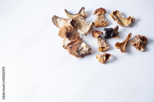 dried Porcini mushrooms on a white isolated background. 