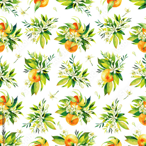 Seamless watercolour citrus fruits and leaves pattern. Green leaves and orange fruits on white background. Seamless mandarin and oranges watercolour illustration for wrapping paper  fabric  wallpaper.