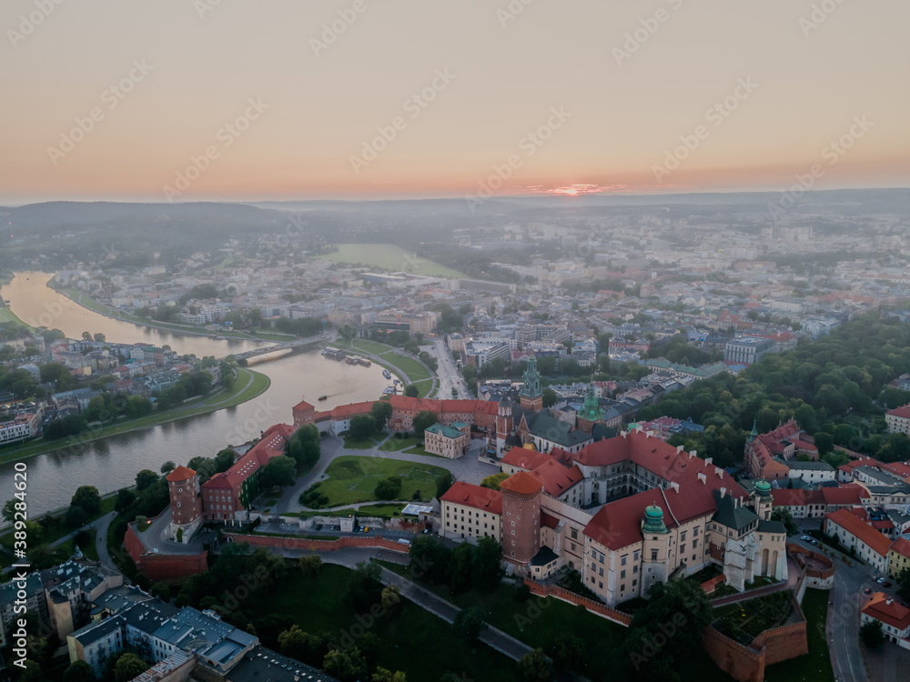 Aerial view of Wawel castle in Krakow, Poland during a foggy day