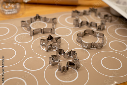 Moulds for baking cookies on a kitchen bench