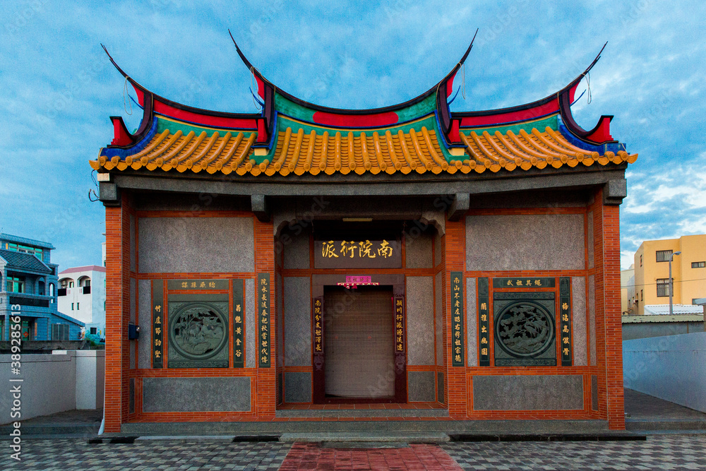 Penghu island (Pescadores) Taiwan October 12, 2019 Traditional colorful Chinese pagoda on sunset Penghu island (Pescadores) Taiwan October 12, 2019 Traditional colorful Chinese pagoda on sunset